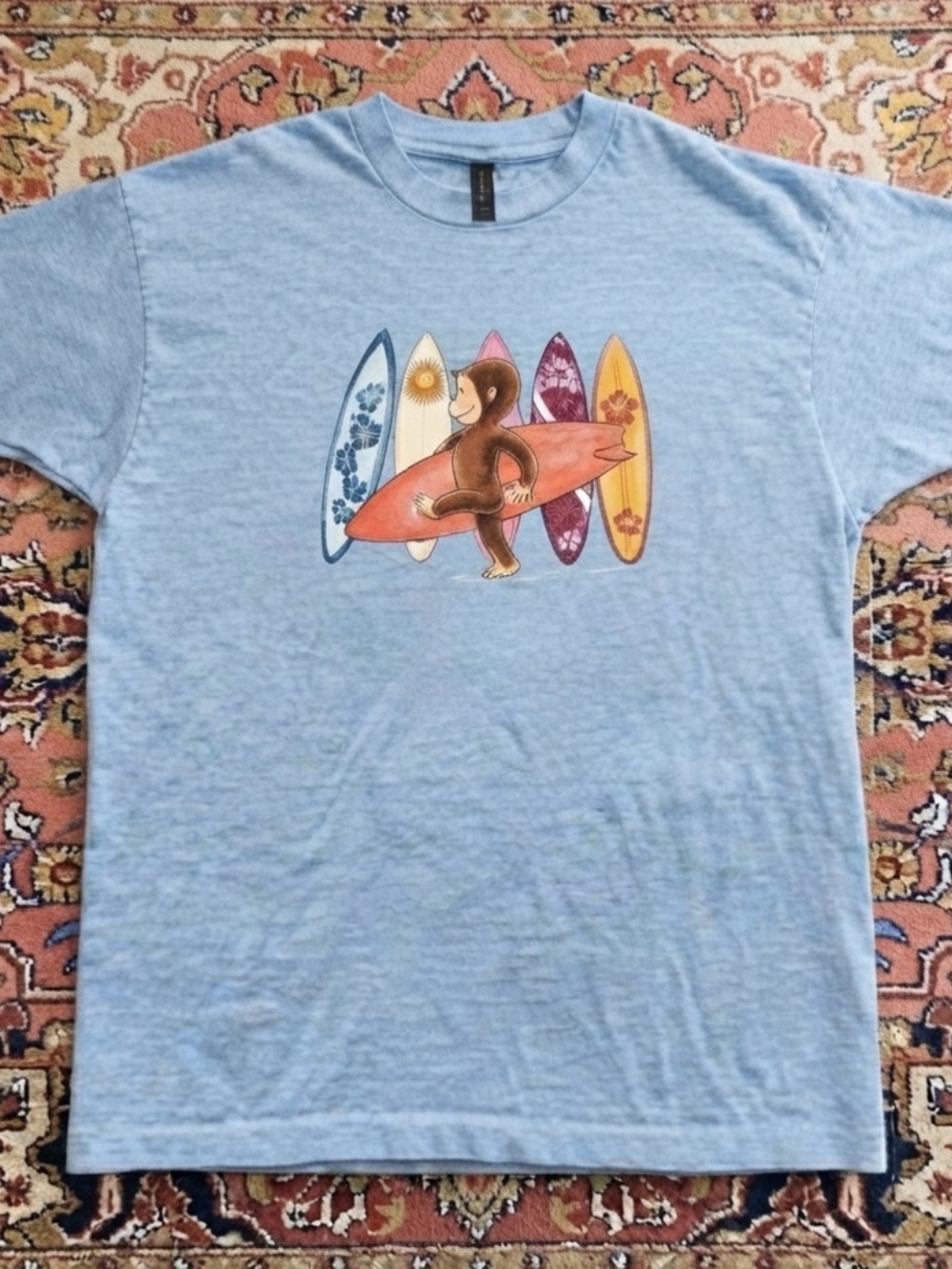 Gildan Light Blue Women's Surf Graphic Tee with Monkey and Surfboards